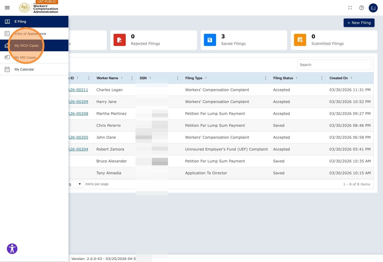 Left navigation — My WCA Cases item highlighted