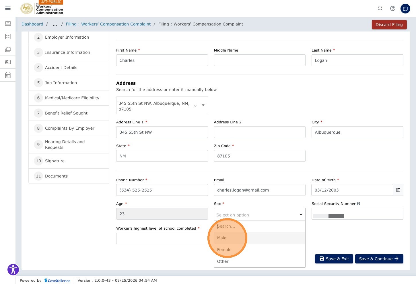 Gender dropdown — Male option highlighted