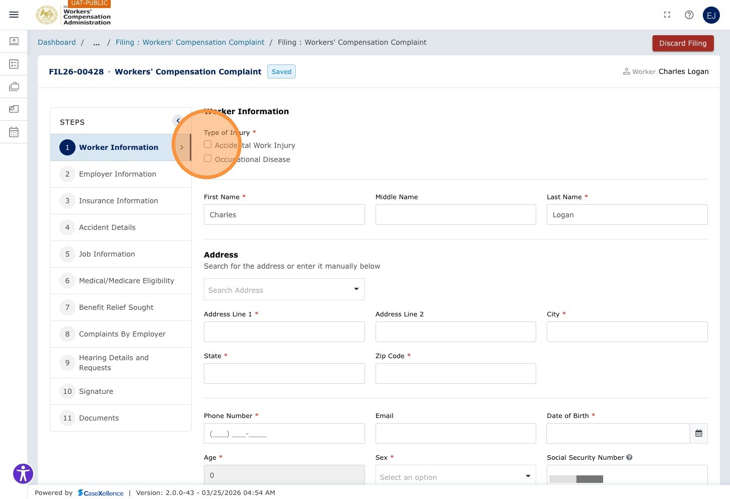 Worker Information — Accidental Work Injury checkbox highlighted