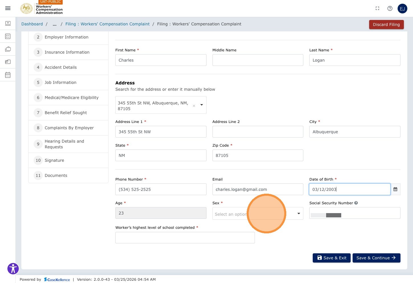 Worker Information — Gender dropdown showing Select an option