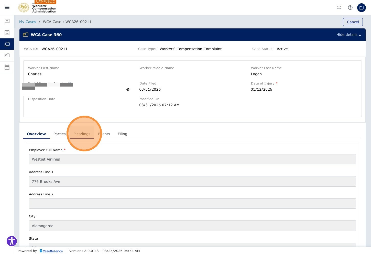 WCA Case 360 for WCA26-00211 — Case header: Charles Logan, SSN *--8888, Date of Injury 01/12/2026, Employer Westjet Airlines, Date Filed 03/31/2026, Case Status Active. Tabs: Overview, Parties, Pleadings (highlighted), Events, Filing.