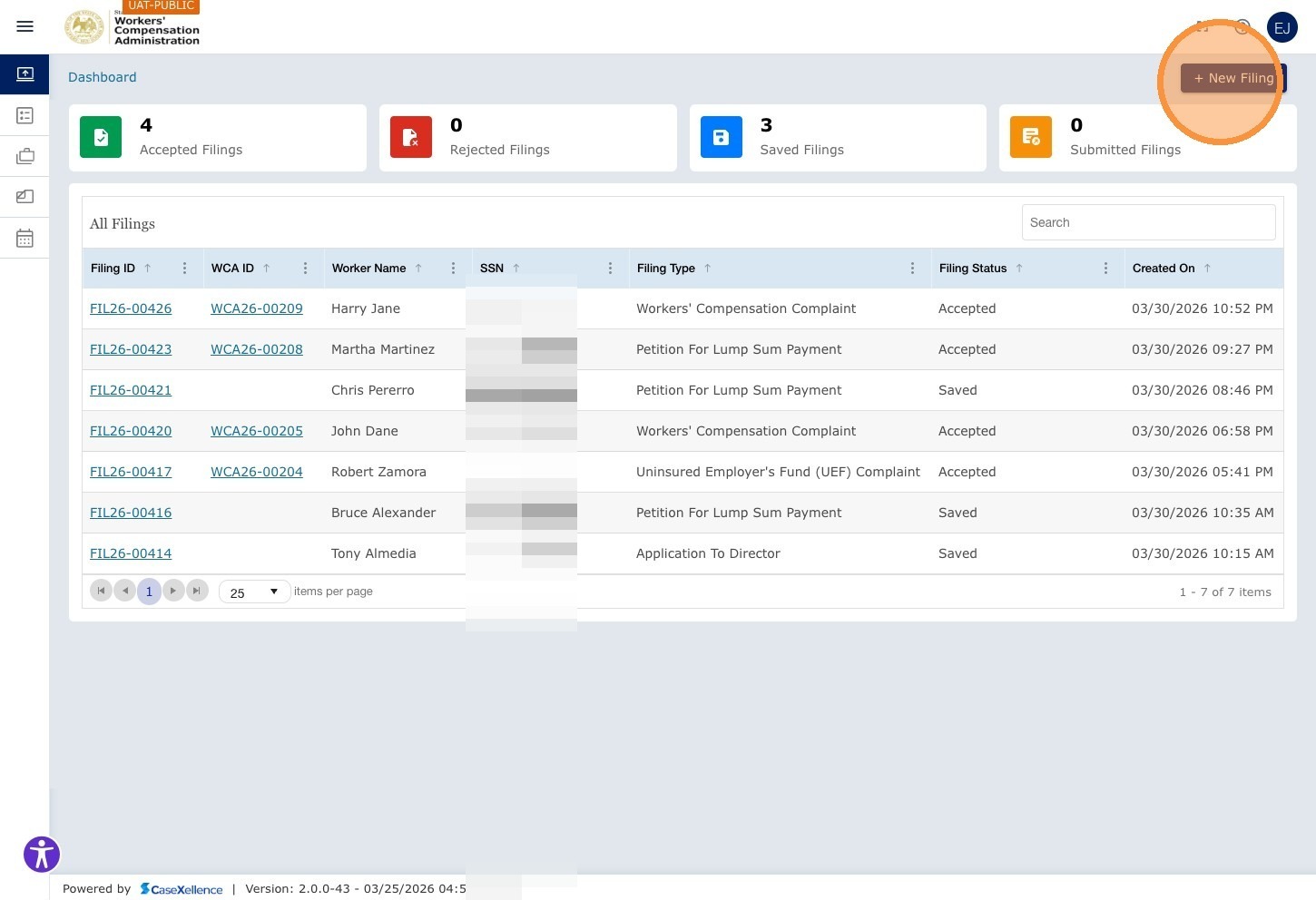Dashboard — + New Filing button highlighted top right