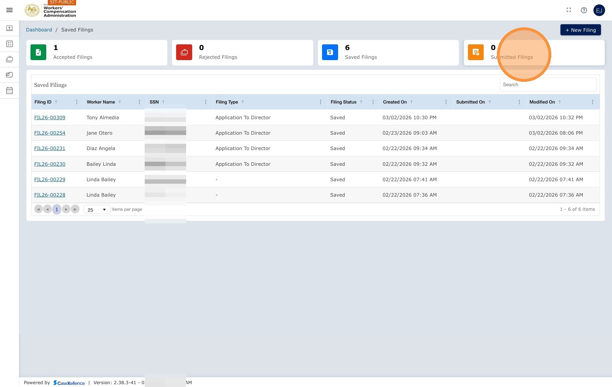 Submitted Filings tile