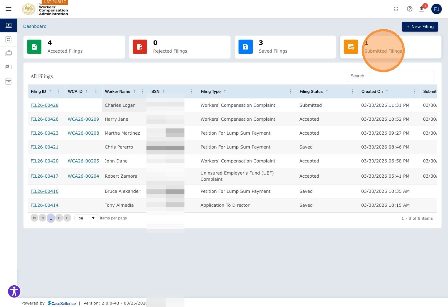 Dashboard — Submitted Filings tile highlighted. The grid updates to show only submitted filings.