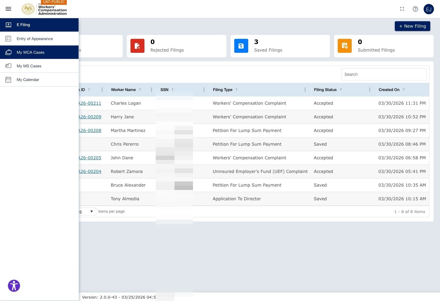 ECF Portal Dashboard — left navigation menu open showing E Filing, Entry of Appearance, My WCA Cases (highlighted), My MS Cases, My Calendar. Filing tiles: Rejected Filings, Saved Filings, Submitted Filings. Filing grid visible with cases including WCA26-00211 (Charles Logan, Accepted).