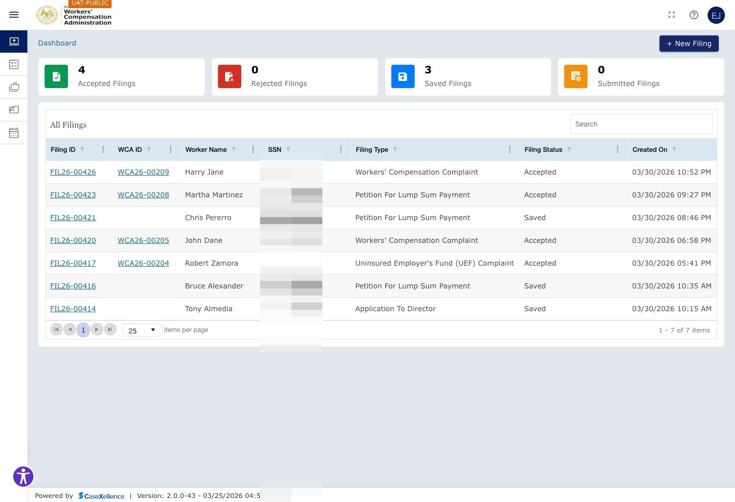 ECF portal Dashboard — filing status tiles across the top, filing grid below showing all filings. + New Filing button visible top right.