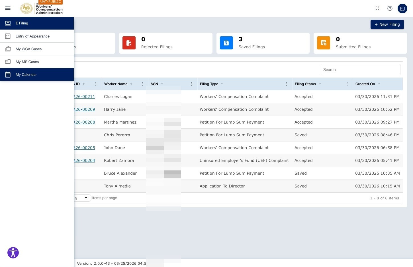 ECF Portal Dashboard — filing tiles and grid visible. Left navigation showing E Filing, Entry of Appearance, My WCA Cases, My MS Cases, My Calendar.