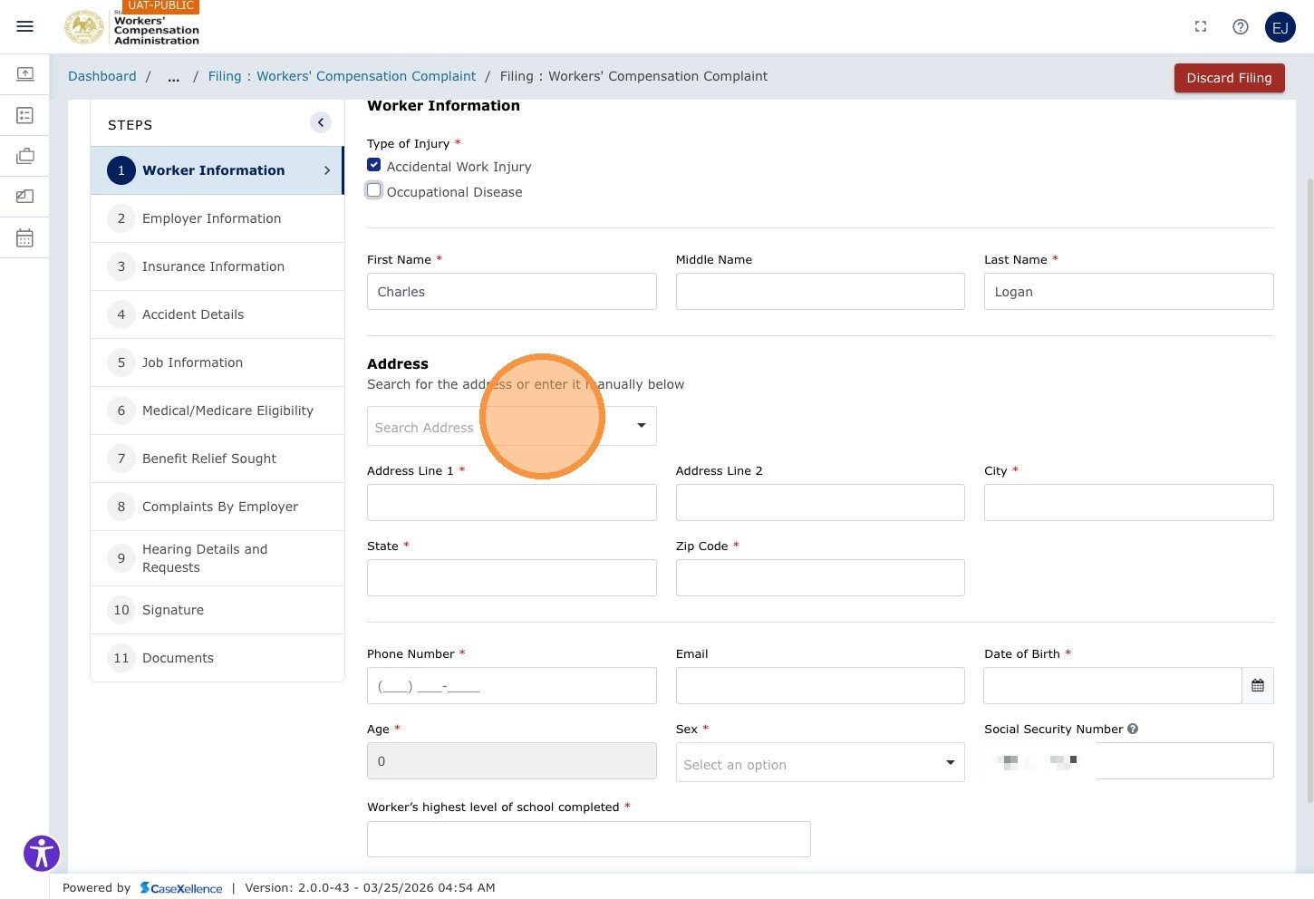 Worker Information — Search Address field highlighted