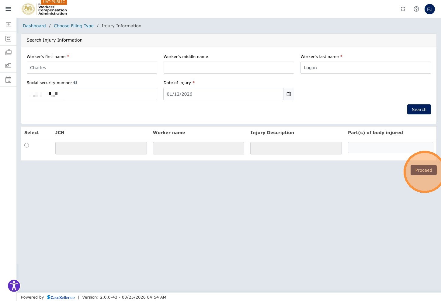 Worker Information — Proceed button highlighted after EDI search