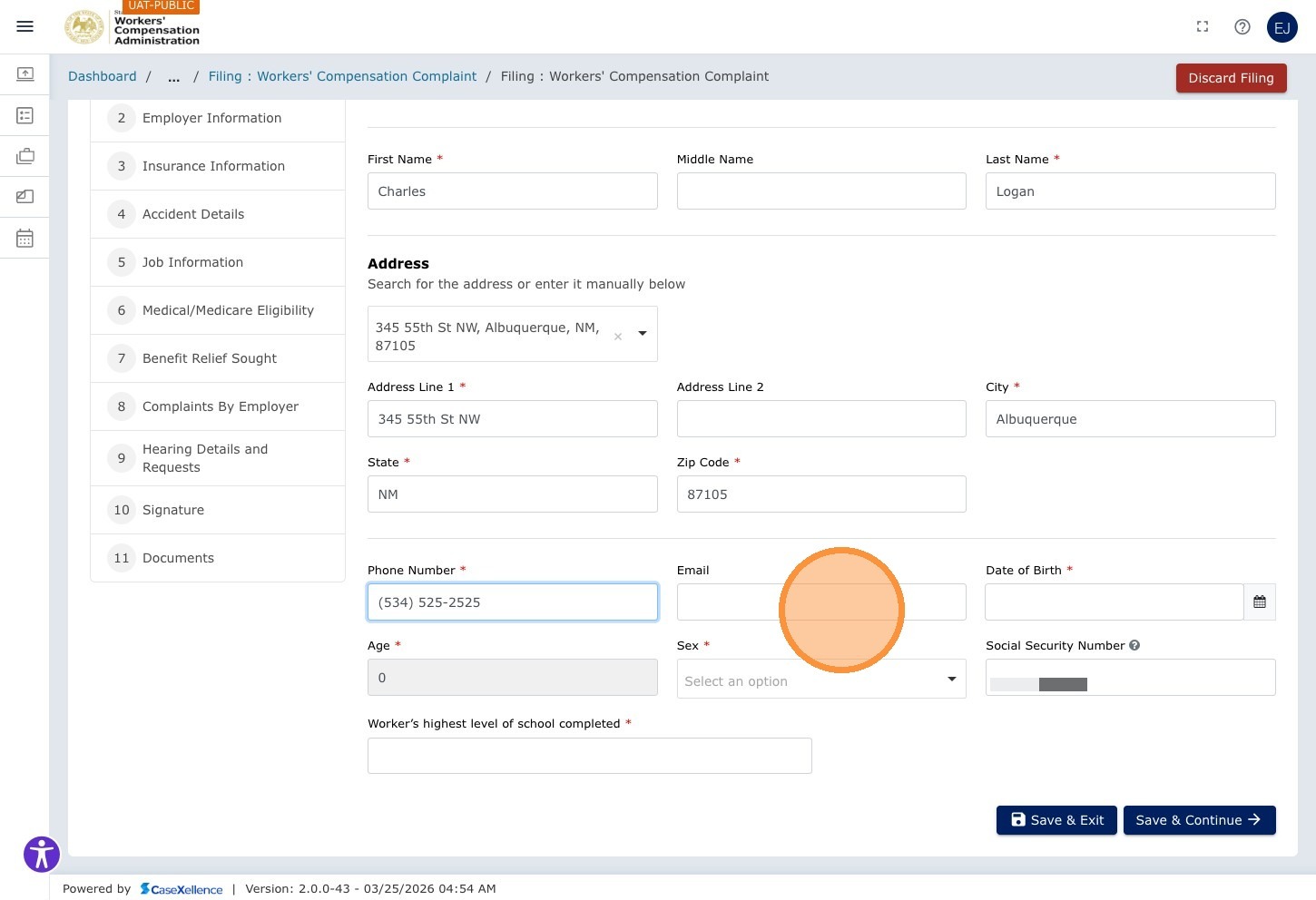 Worker Information — Email field highlighted