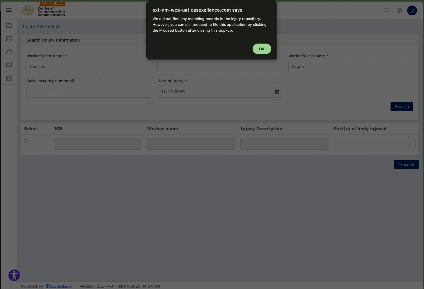 Worker Information — example when EDI search finds no matching record